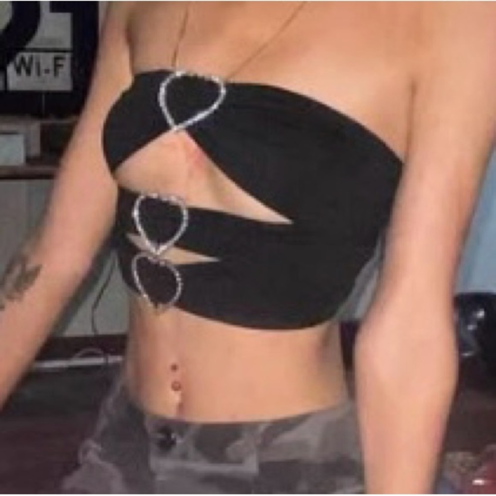 Black Strapless Top with Heart Accents